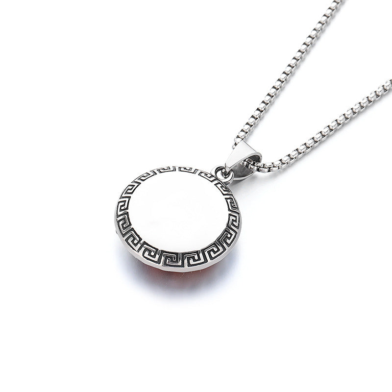 Steel Necklace - Elegant Chinese Amulet Pendant With Zircon Inlay Temple Fair Style