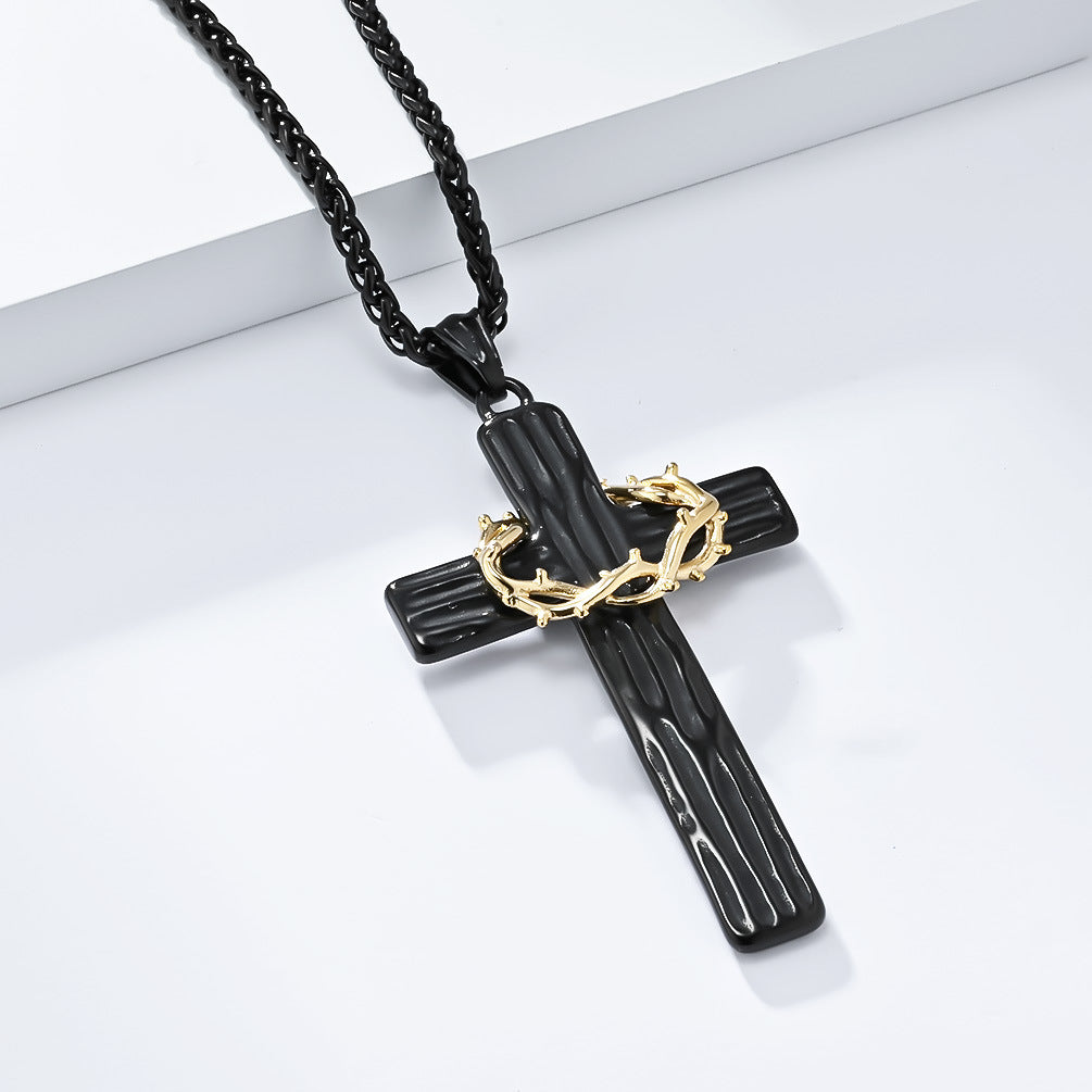 Planderful Cross Necklace For Men Titanium Steel Durable Thorn Wreath Pendant American Retro Style High End Gift
