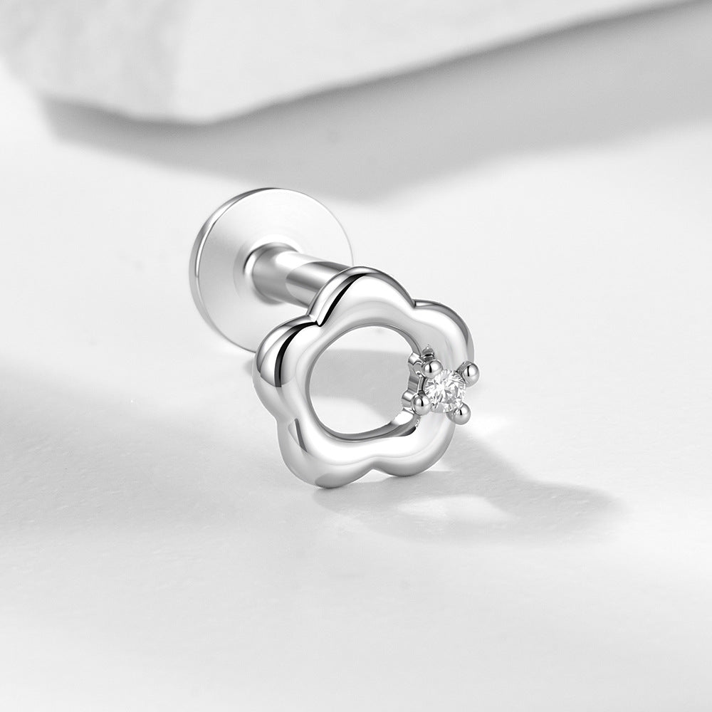 S925 Sterling Silver Hollow Small Flower Inlaid Zircon Cartilage Spiral Puncture Earrings Versatile