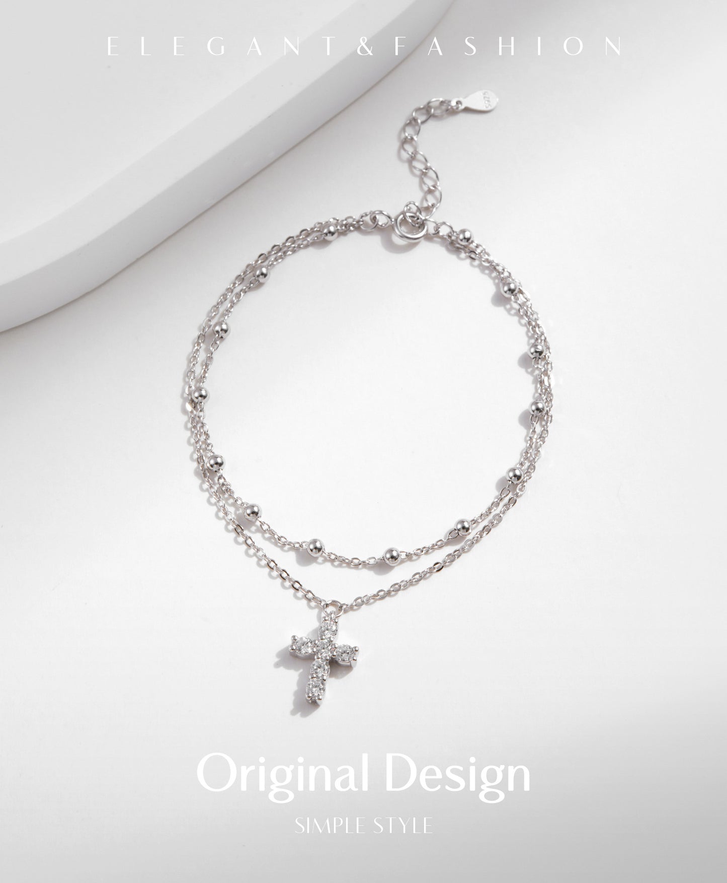 Planderful Everyday Genie Double Layer Stacked Cross Bead Bracelet – Elegant Sterling Silver Design