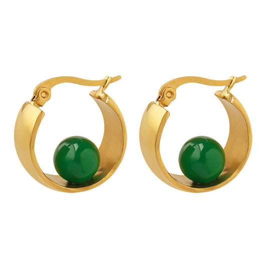 Elegant Green U-Shaped Earrings - Titanium Steel with 18K Gold Plating