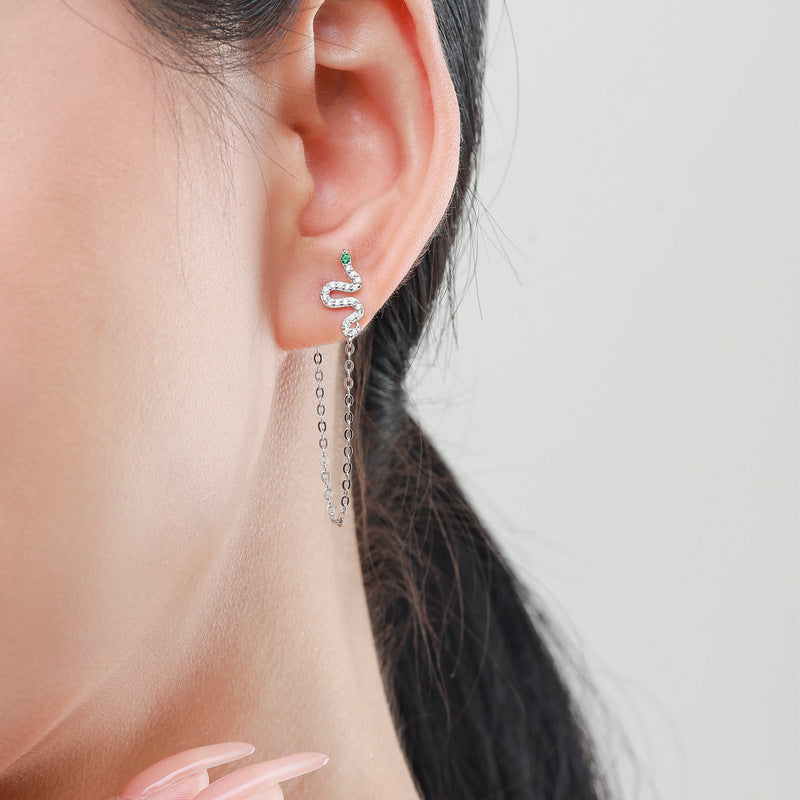 Silver Plated Snake Tassel Zircon Earrings with Sterling Silver Needles