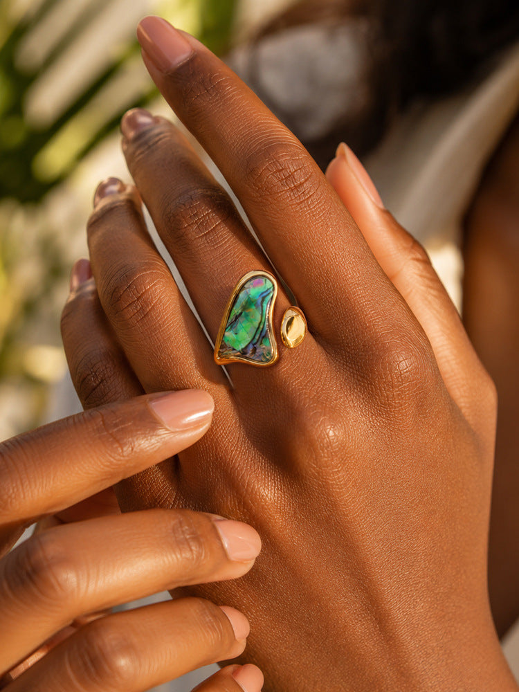 Hot-Selling Special-Shaped White Shell Stainless Steel Ring Design Leaf Opening