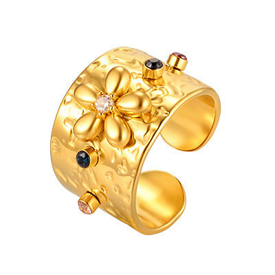 Stainless Steel Wide-Sided Texture Flower Zircon Open Ring Design