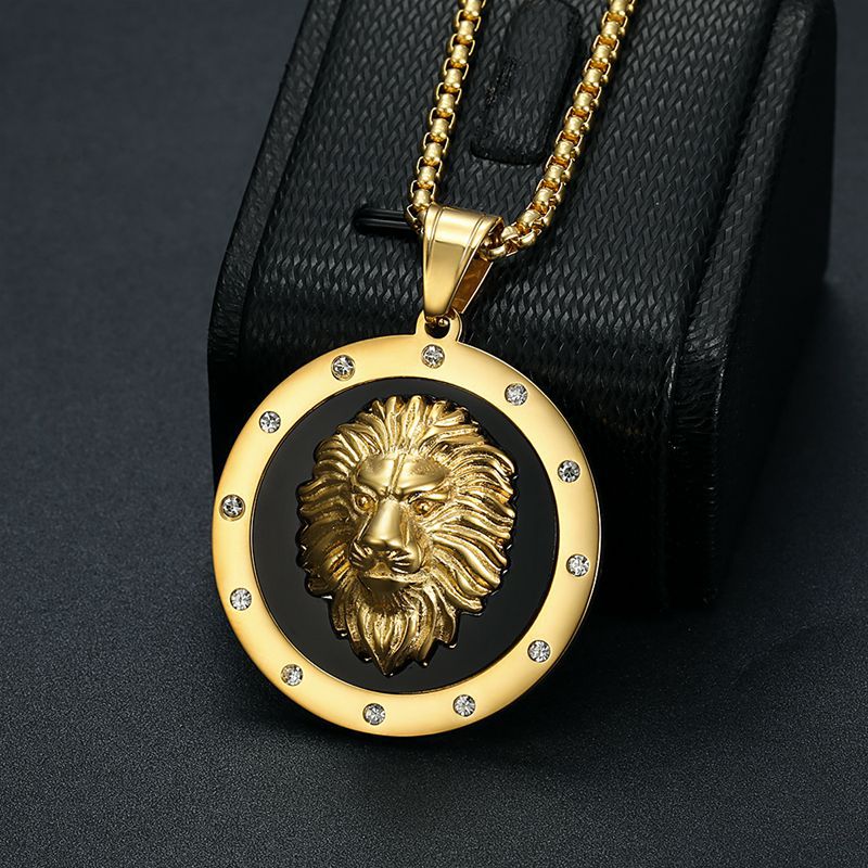 Planderful Lion Head Pendant Necklace Stainless Steel Gold Plated Rhinestone Hip Hop Jewelry For Men And Women