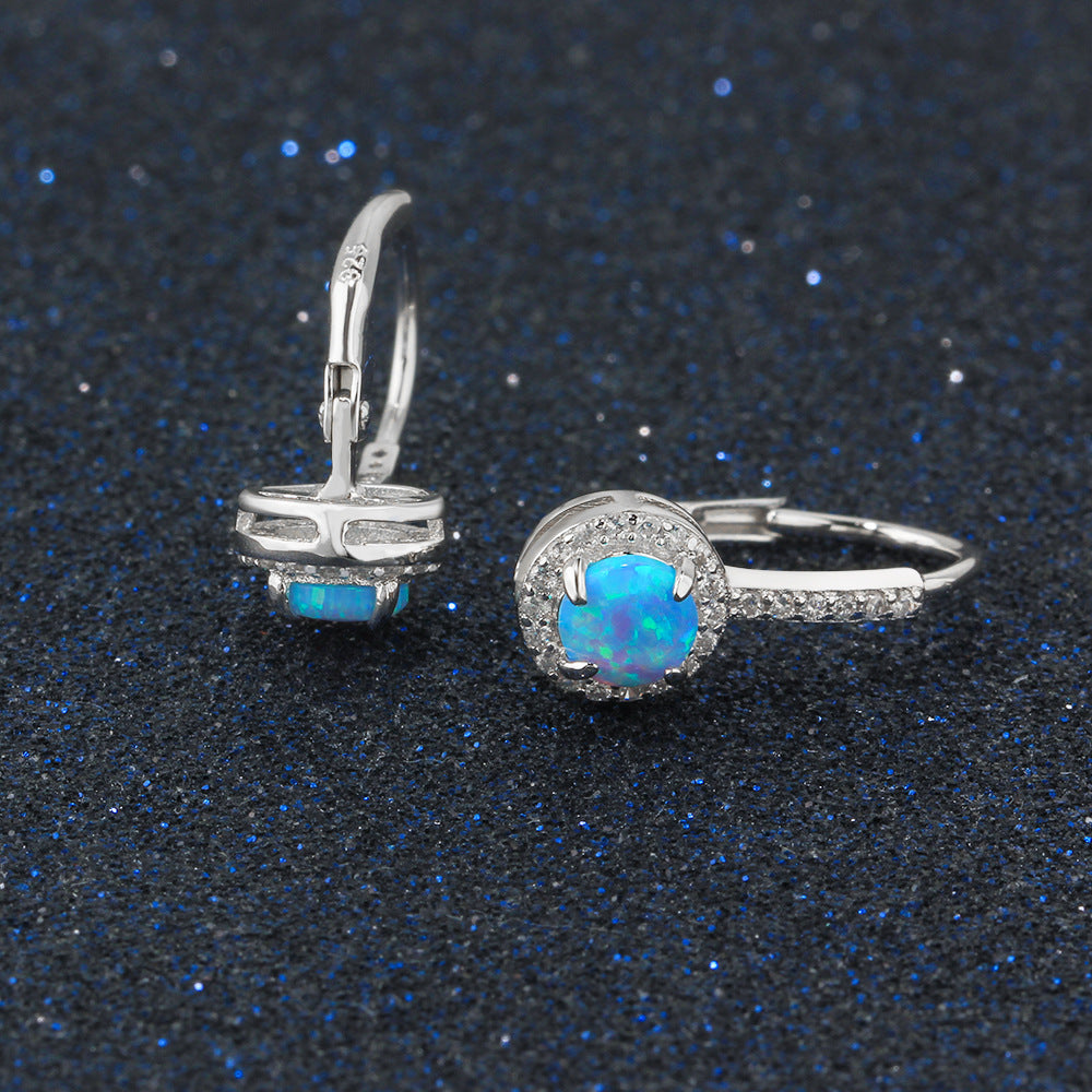 Planderful Jewelry Opal Earrings Sterling Silver Halo Blue Round Zircon Accent Elegant Hoops