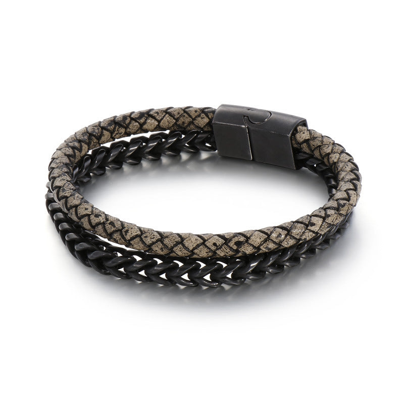 Planderful Punk Double Layer Leather Chain Bracelet For Men