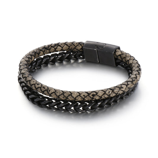 Planderful Punk Double Layer Leather Chain Bracelet For Men