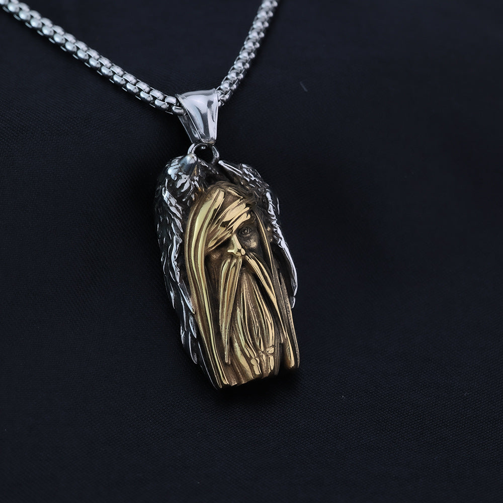 Planderful Shop 3D Avatar Pendant Necklace Vintage Stainless Steel Nordic Viking Bird Wing Feathers For Men Norse Legacy