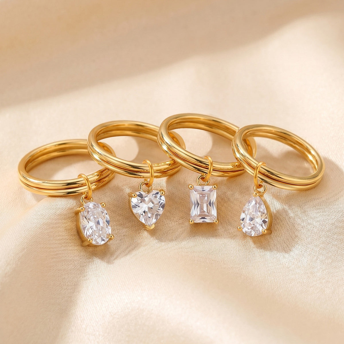 Stainless Steel Double Ring Square White Zircon