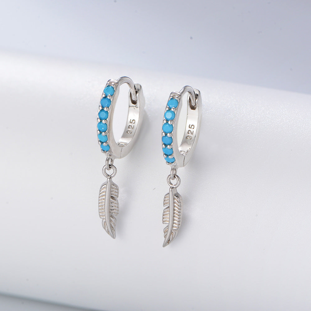 S925 Sterling Silver Turquoise Feather Ear Buckle Earrings High-End Earrings
