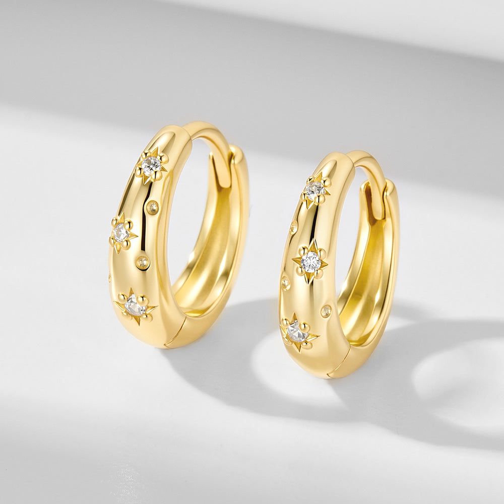 S925 Sterling Silver Metal Wide-Sided Earrings, Ear Buckles, Zircon