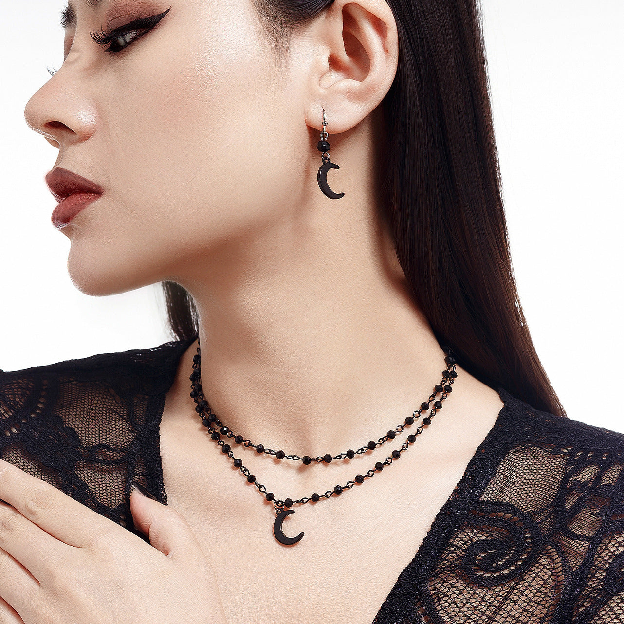 Gothic Crystal Crescent Layered Necklace