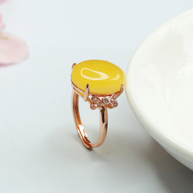 Amber Zircon Bow Ring with Natural Beeswax Yellow Tones