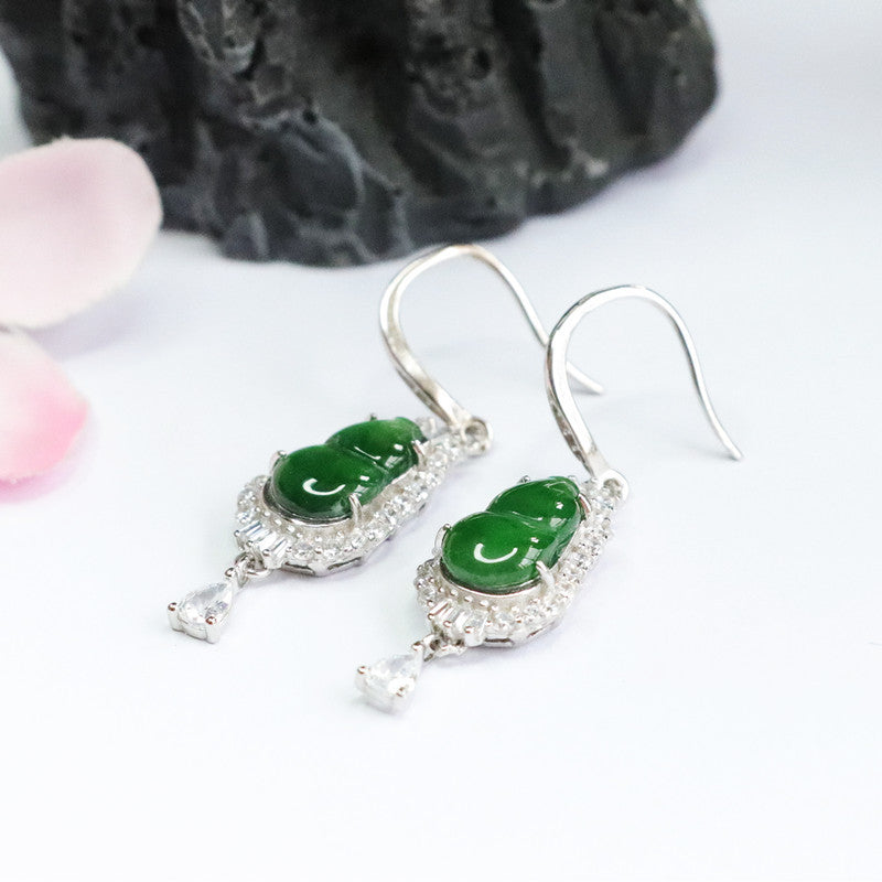 Icy Green Jadeite Gourd 925 Silver Hook Earrings