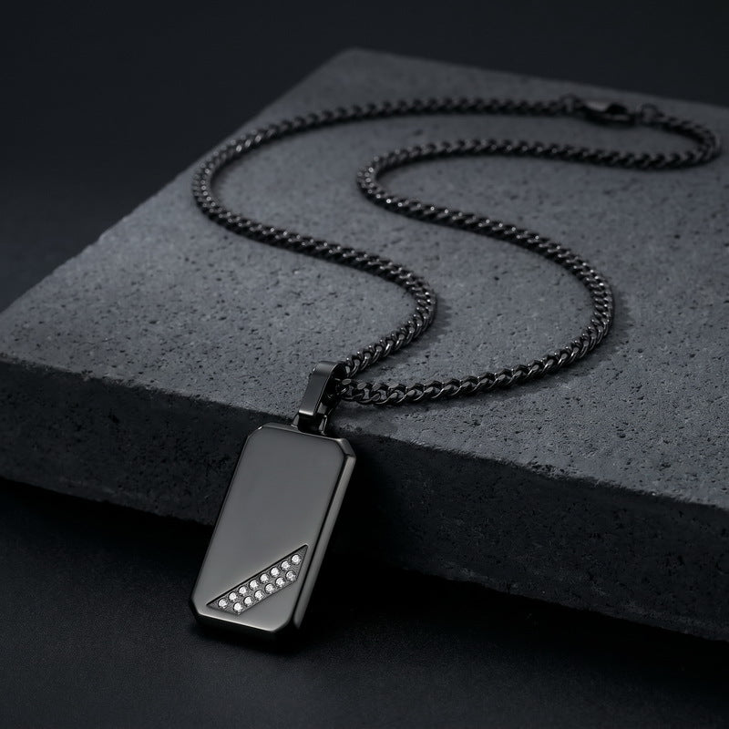 Hip-Hop Style Square Inlaid Double-Row Zircon Pendant Stainless Steel Smooth Military Brand Double-Sided Necklace