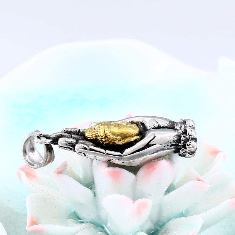 Personalized Retro Titanium Steel Pendant with Gold Buddha Head for Men - New Stainless Steel Jewelry