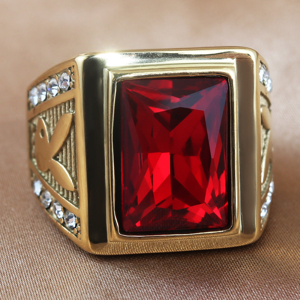 Titanium Steel Retro Square Red Stone Ring for Men - Trendy Accessories in European and American Style