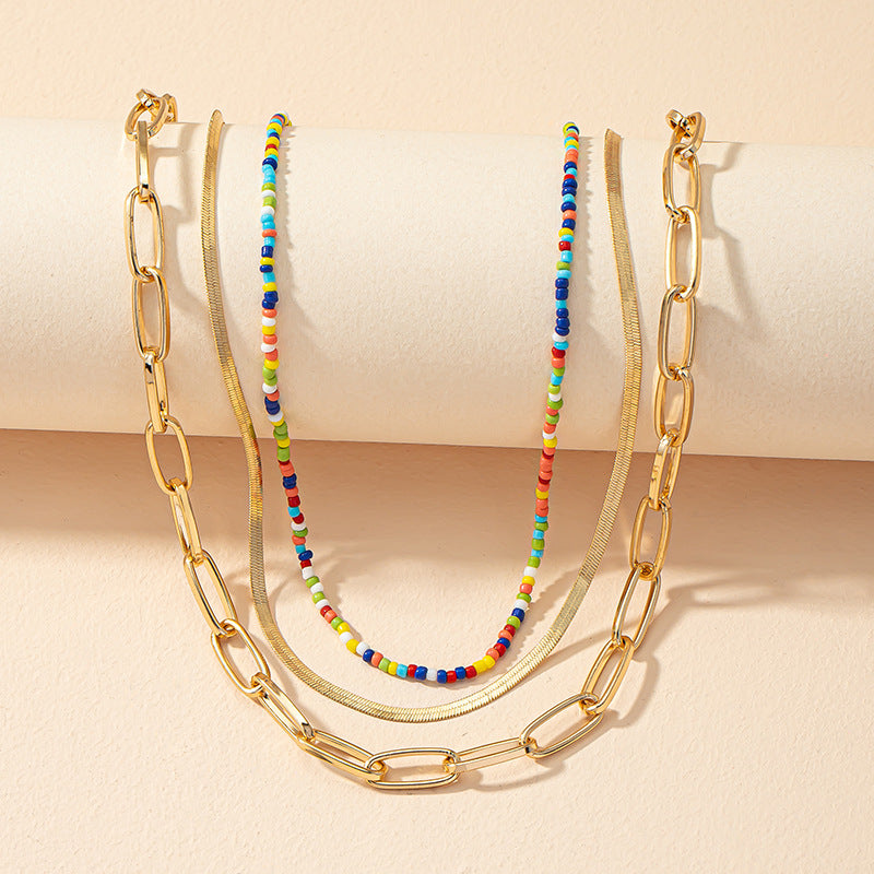 Trendy Multicolored Beaded Snake Chain Necklace Set with Niche Clavicle Chain
