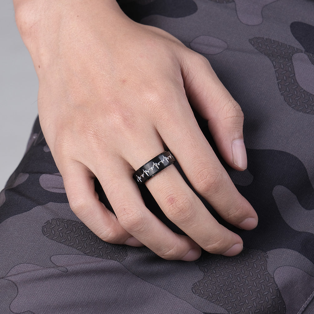 Stainless Steel Rotating Electrocardiogram Couple Ring – Heart Beat Stress-Relief Stainless