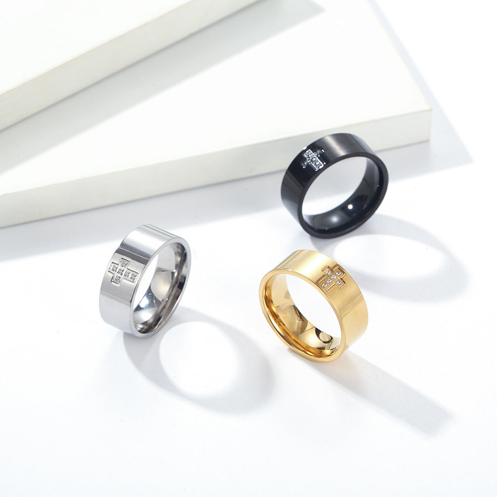 Planderful Everyday Genie Mens Korean Style Zircon Cross Ring Glossy Simple Personality Trendy Accessory