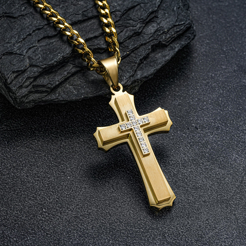 1. Planderful Cross Pendant Necklace in Titanium Steel with Three Layer Zircon for Unisex Elegant Gift