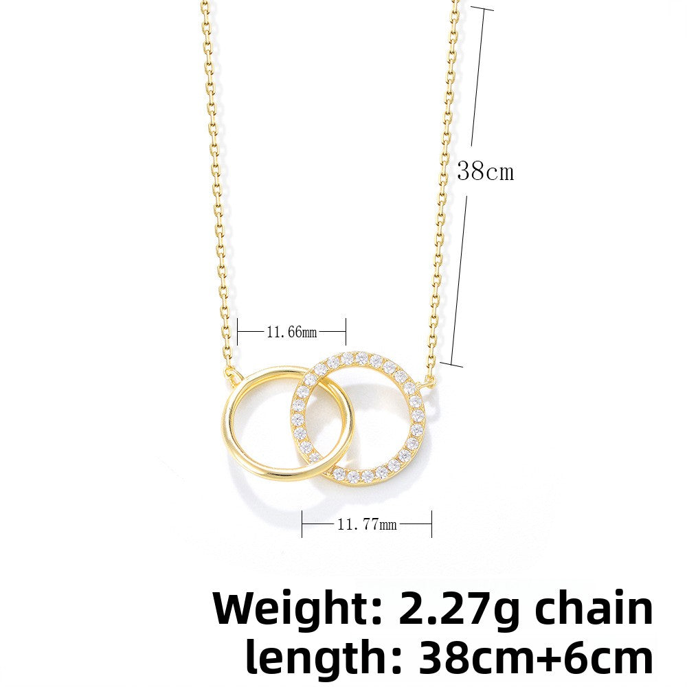 S925 Sterling Silver Personality Zircon Double Circle Ring Necklace Set Chain