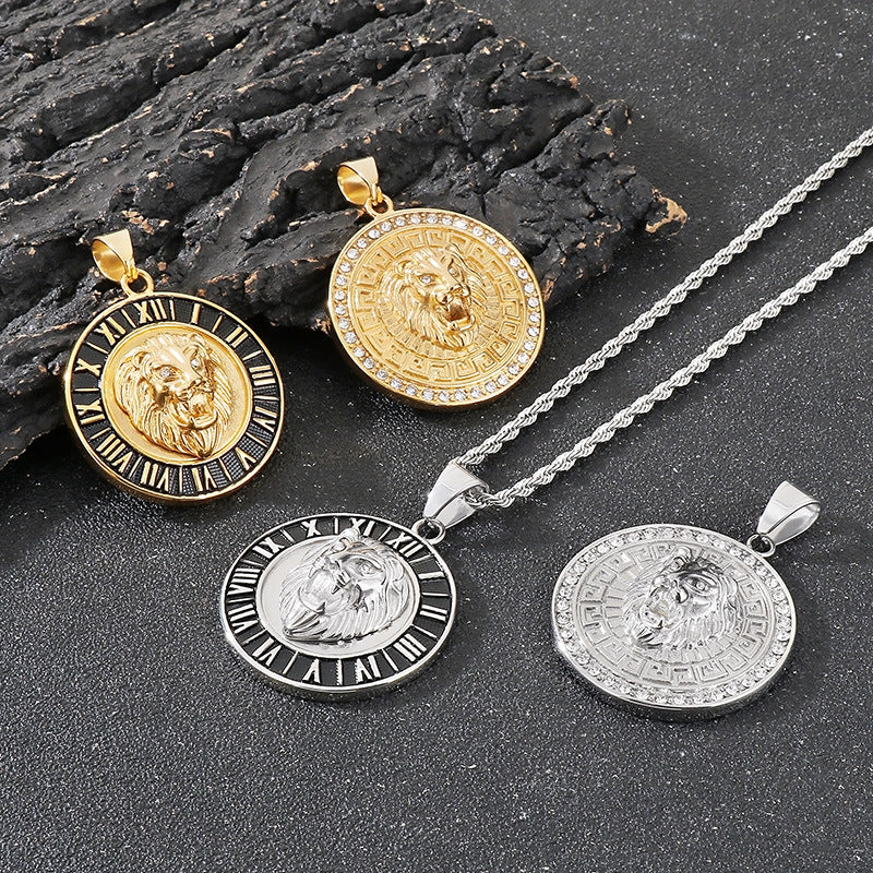 Planderful Zircon Lion Head Pendant Men Hip Hop Compass