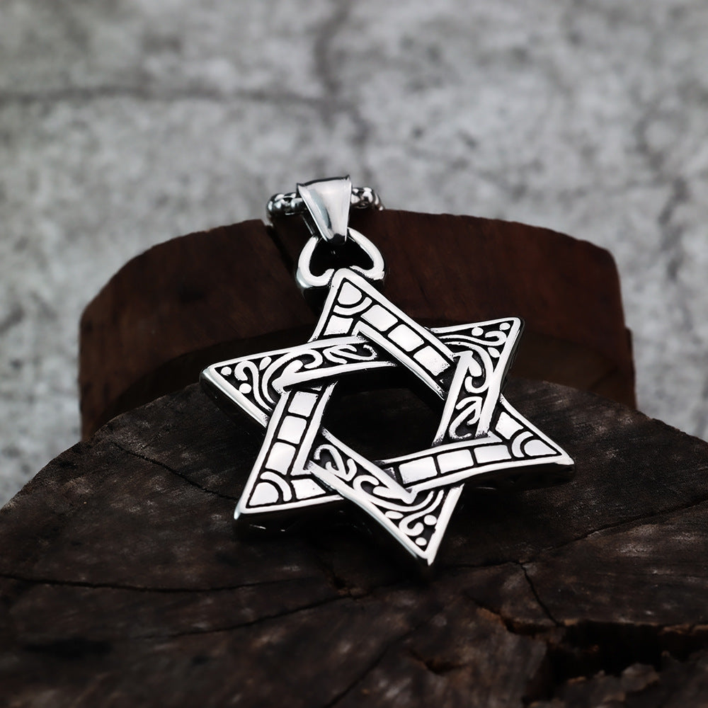 Hexagram Pendant for Men Double Sided Titanium Steel Necklace by Planderful Shop Edgy Retro Punk