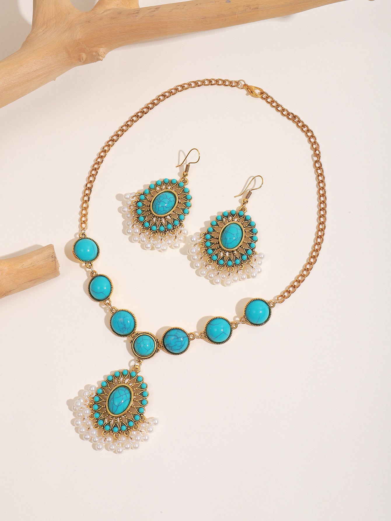 Savanna Rhythms Ethnic Turquoise Necklace with Tassel Pendant and Earrings