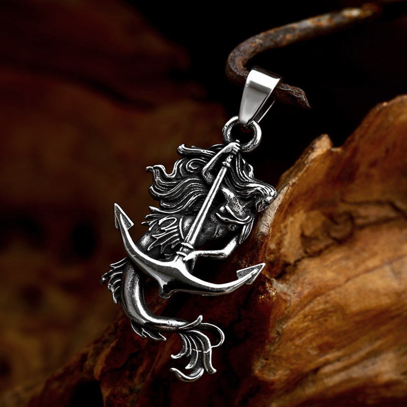 Retro Punk Style Titanium Steel Mermaid and Anchor Pendant for Men
