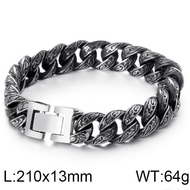 Cast Pattern – Punk Style 13mm Tang Grass Pattern Cuban Chain Titanium Steel Men's Bracelet