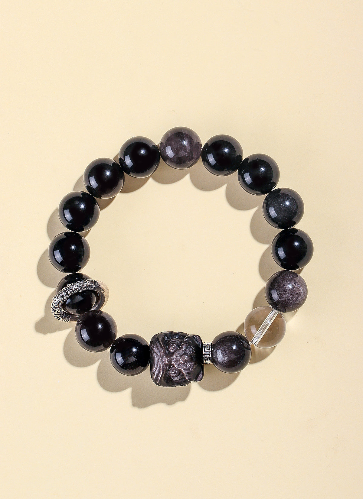 Silver Sheen Obsidian Lion Dance Bracelet