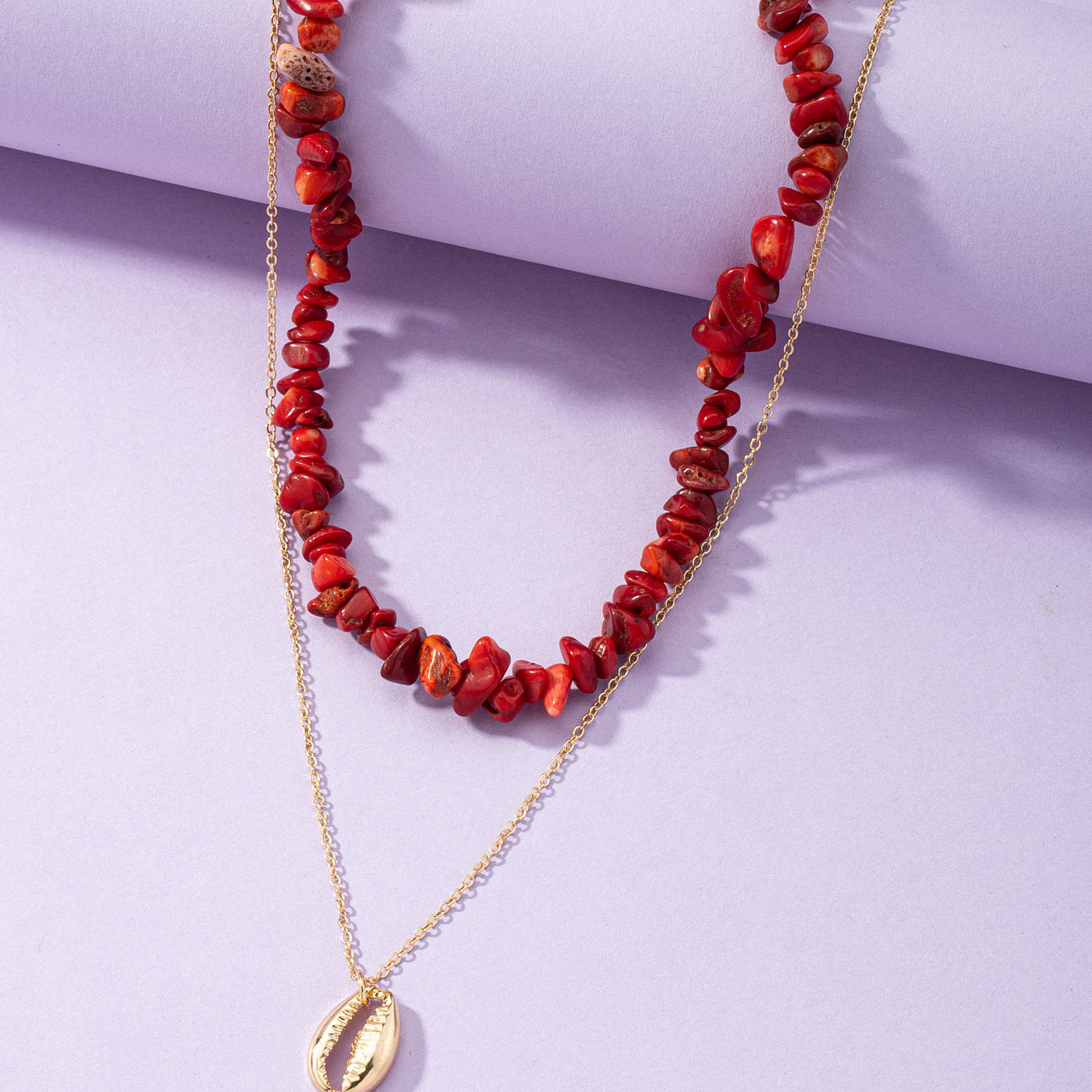 Red Stone Double-Layer Holiday Necklace: Vienna Verve Collection - Metal Neck Accessories