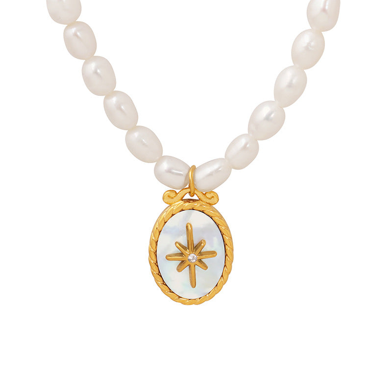 Royal Shell-Inspired Freshwater Pearl Pendant Necklace with Zircon Accents