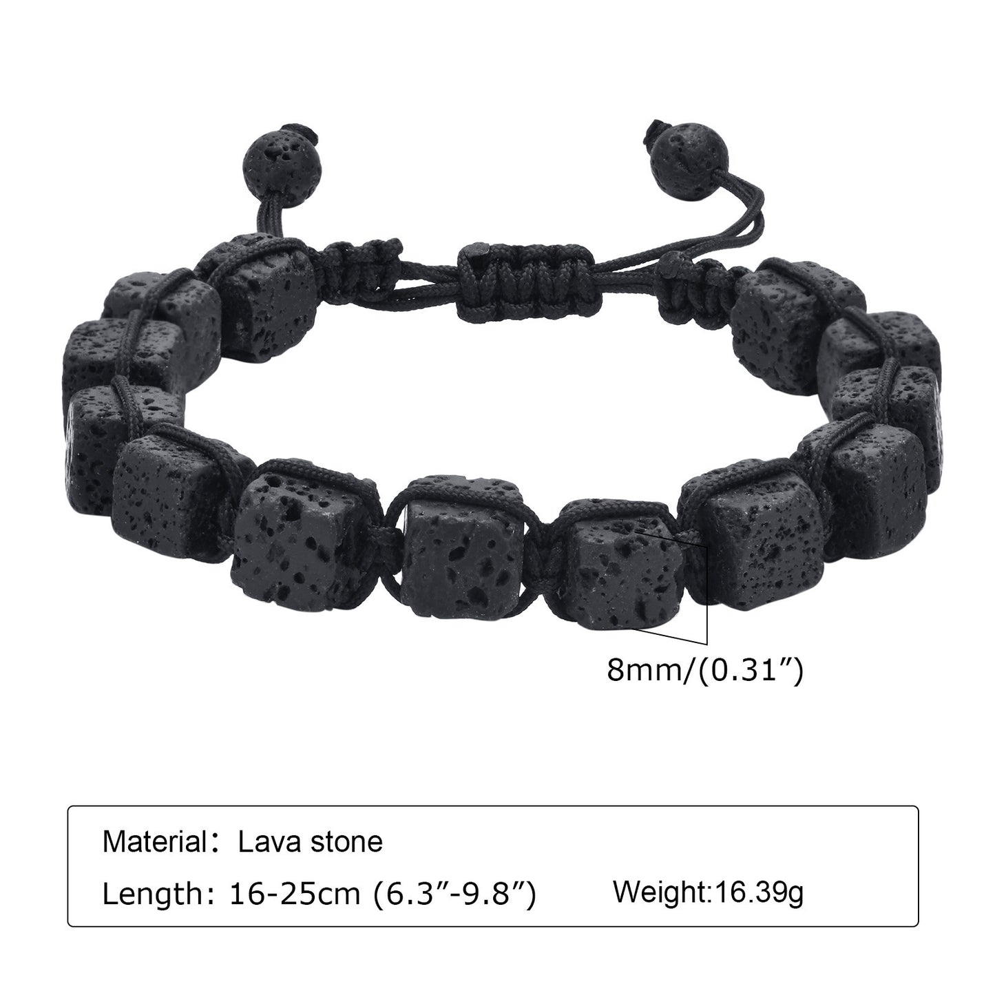 Men's Black Bracelet Adjustable Square Volcanic Stone Jewelry