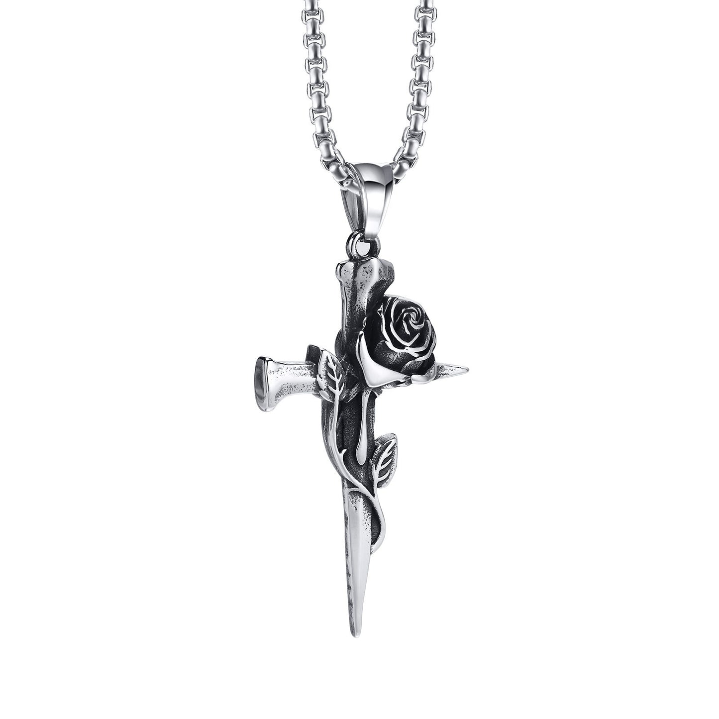 Stainless Steel Rose Retro Style Cross Pendant Necklace for Men