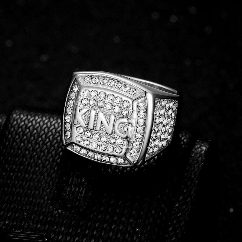 Planderful Everyday Genie Hip Hop Ring Titanium Steel Gold Plated Rhinestone King Mens Ring