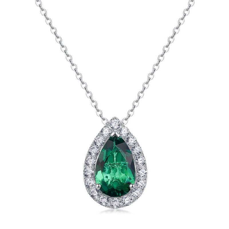 S925 Sterling Silver Lab-Grown Emerald Teardrop Pendant Necklace