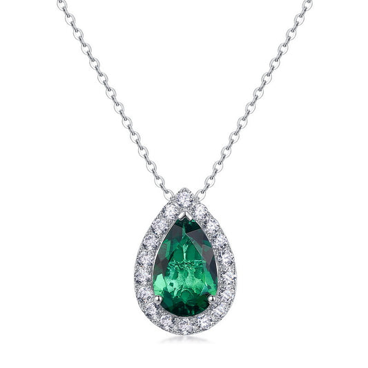 S925 Sterling Silver Lab-Grown Emerald Teardrop Pendant Necklace