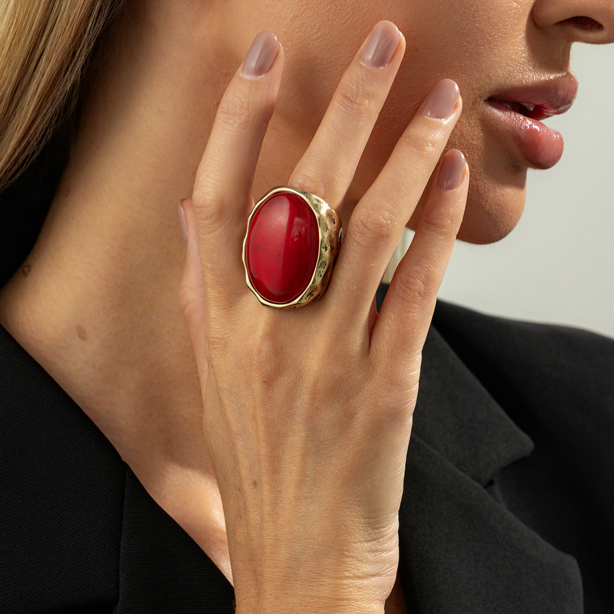 Planderful Vienna Verve Retro Redstone Oval Ring Wide Face Statement Jewelry For Women