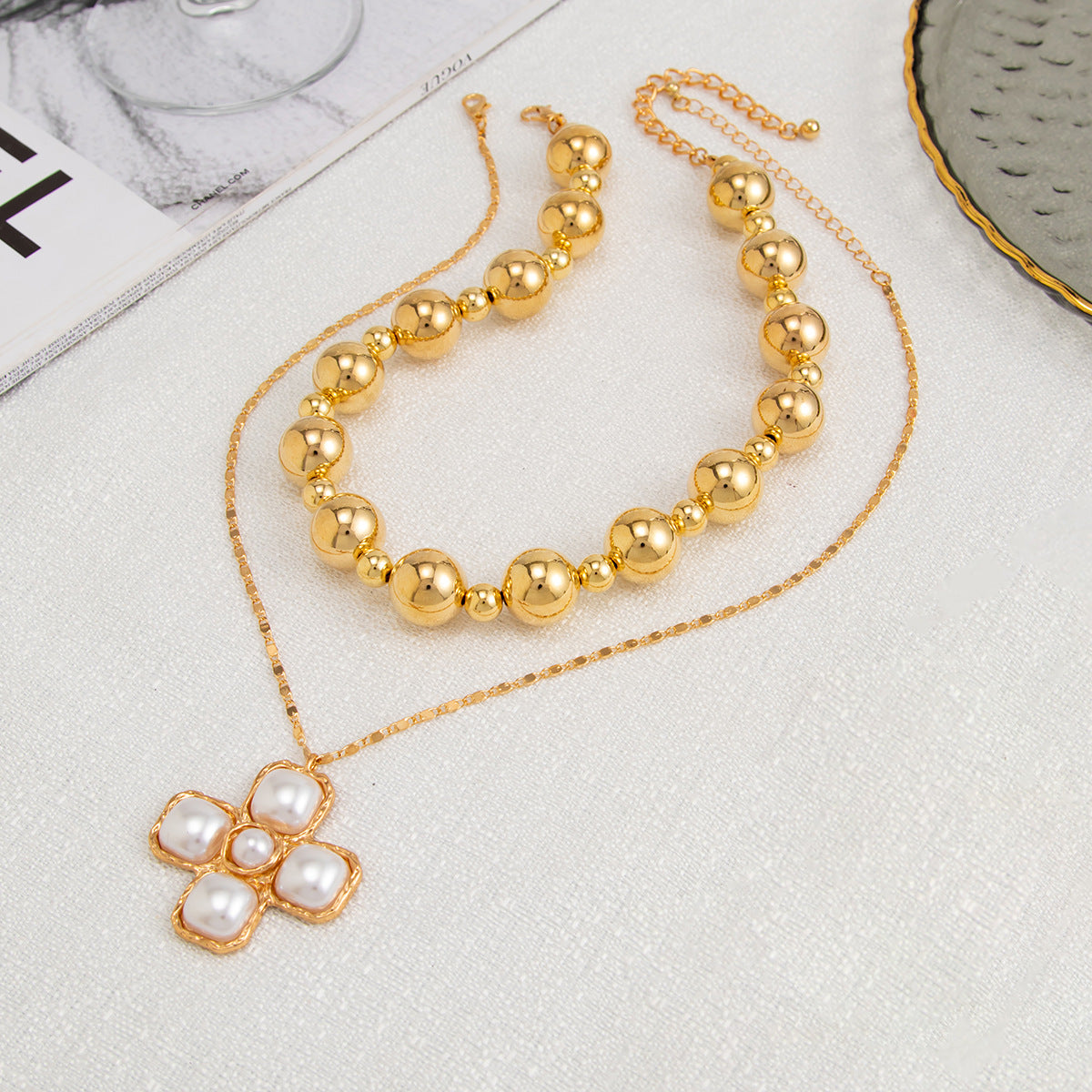 Bold Bead & Cross Double-Layer Necklace