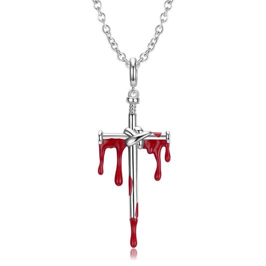 Dropping Blood Cross Sword Pendant Silver Necklace
