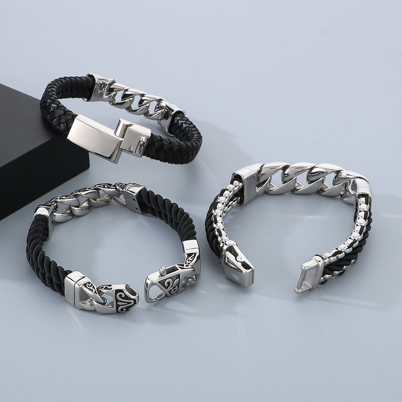 Vintage Chic Magnetic Clasp Leather Bracelet with Custom Titanium Steel Cuban Link and Genuine Cowhide for Men