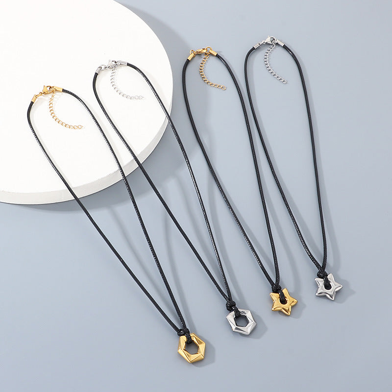 Popular Heart-Shaped Sweater Chain, Creative Wax Rope, Five-Pointed Star Hexagonal Titanium Steel Men's Necklace