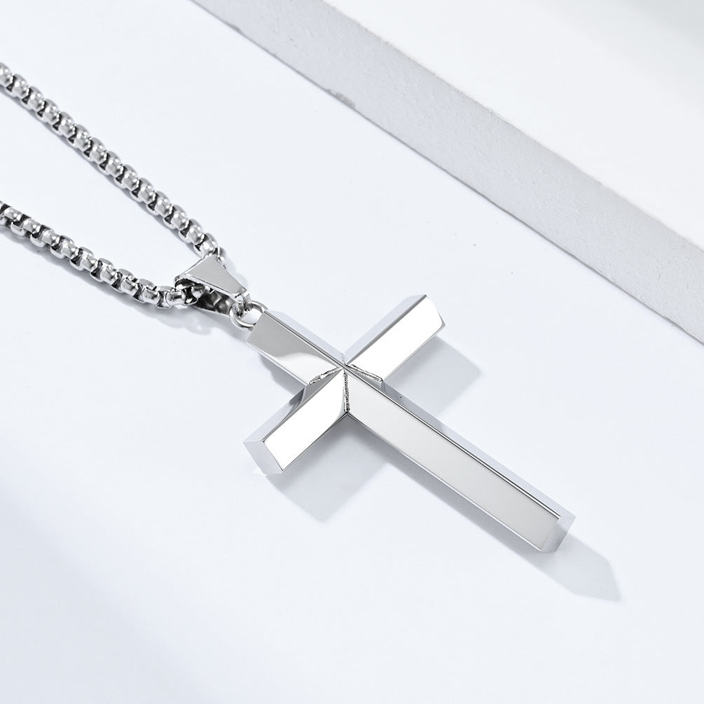 Simple Rhombus Mirror Titanium Steel Cross Necklace for Men