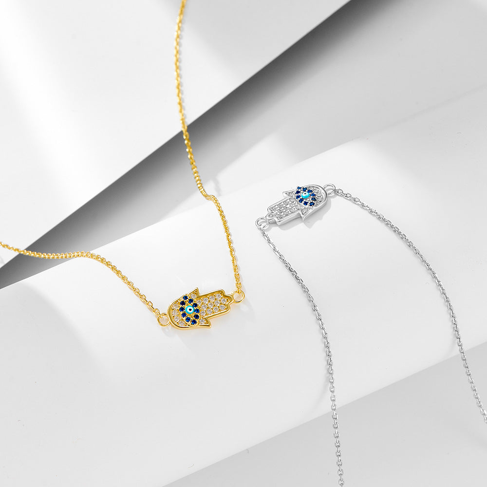 Micro-Inlaid Zircon Devil'S Eye Sterling Silver Necklace Inlaid Dripping Oil Palm Pendant