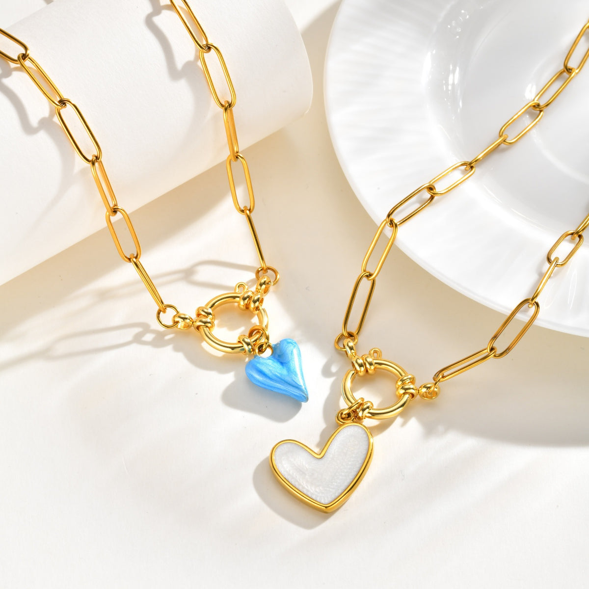 Stainless Steel Blue Heart-Shaped Small Square Chain Bubble Buckle Commuter Holiday Wear Necklace