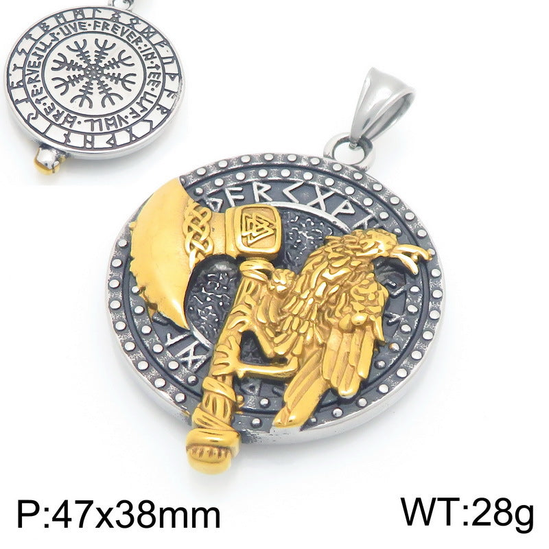 Nordic Viking Mythology Tomahawk Raven Totem, Retro Double Wolf And Crow Titanium Necklace