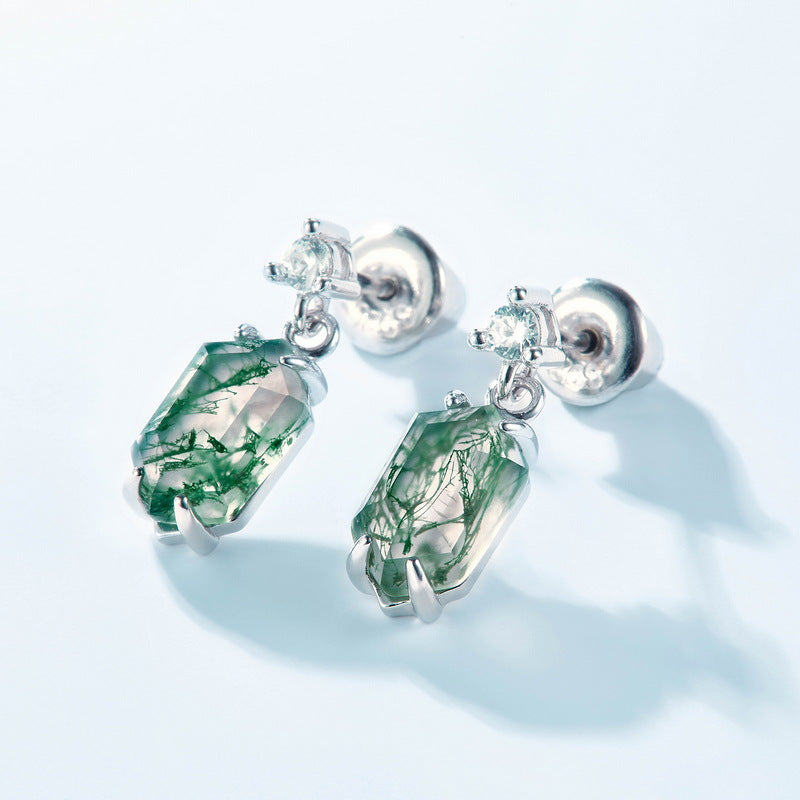 S925 Sterling Silver Moss Agate Minimalist Stud Earrings